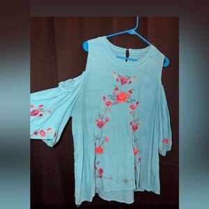 Floral Embroidered Cold Shoulder Top - Blue